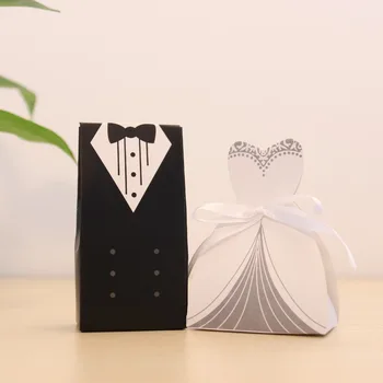 

100Pcs Wedding Decoration Bridal Gift Cases Groom Tuxedo Dress Gown Ribbon Wedding Favors Candy Box Sugar Case
