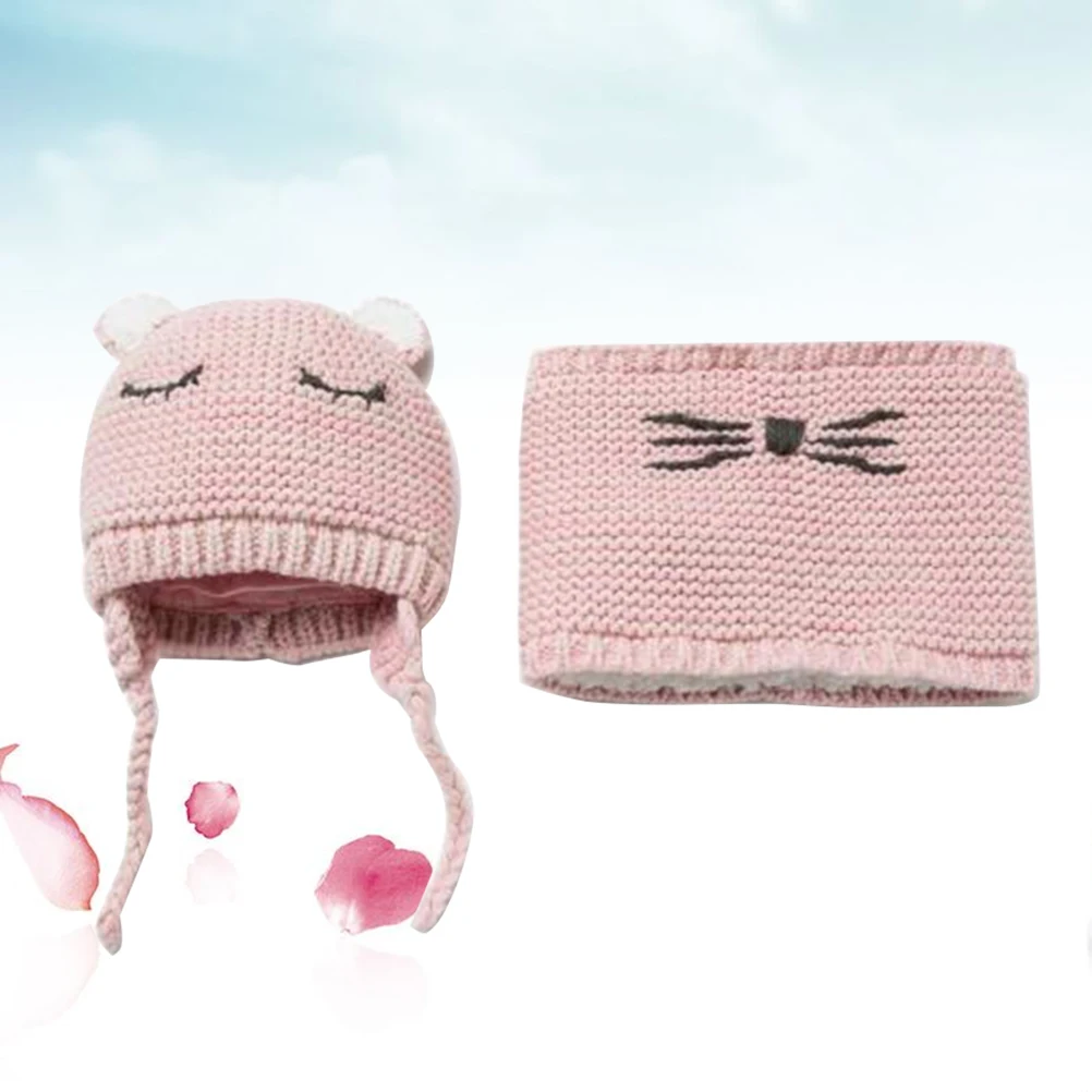 2PCS Baby Sleeping Face Wool Hat Knitted Winter Portable Warm Autumn Cap Bib and Scarf Set for Toddler Kids Baby Children