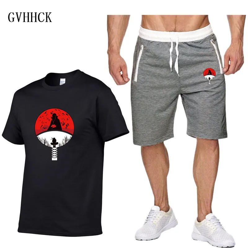 

Summer New Naruto Akatsuki Tracksuit Men Shorts Casual Men's Sportswear Suit Shorts Brand Two Pieces Top Tee+Shorts Sweat Suits
