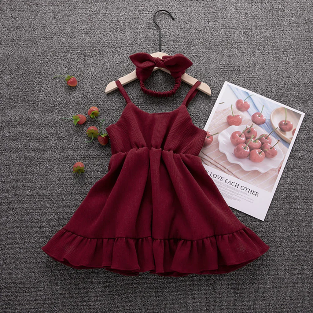 

Toddler Baby Girls Sleeveless Solid Print Vest Ruffles Dress+Headband princess dress girl Outfits elsa costume cinderella dress