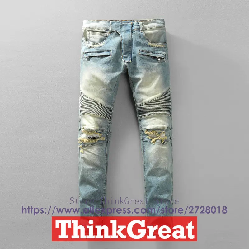 

Italy Mens Distressed Skinny Denim Biker Jeans Men Moto Tapered Jeans Slim Straight Bootcut Jeans Male Light Blue