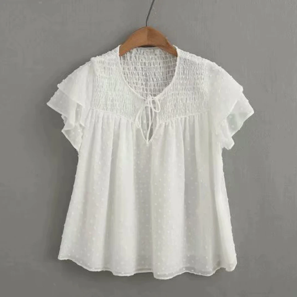 

Women's Blouses Tops Summer Short Sleeve Shirt Solid White O-Neck Bow Tie O-Neck Female Loose Top blusas camisa Thin Clothes
