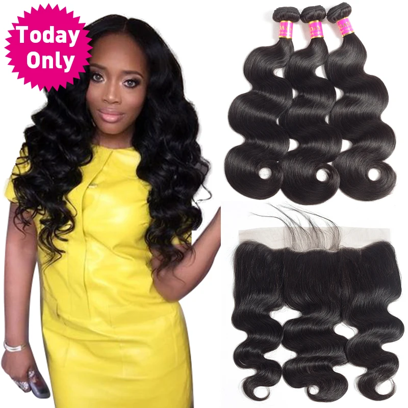 TODAY ONLY Brazilian Body Wave 3 Bundles With Frontal Remy Human Hair Bundles With Frontal Lace Frontal Closure With Bundles