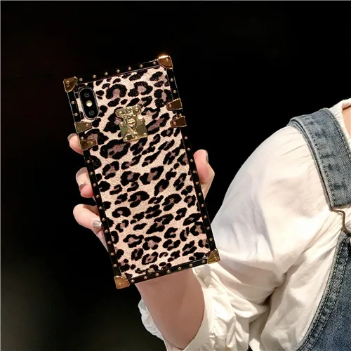 Fashion Rivet Square Box Leopard Case Cover For iPhone 11 Pro XS Max XR X 8 7 6S Plus Samsung Galaxy NOTE 10 9 8 S10E S9 S8 Plus - Цвет: Розовый