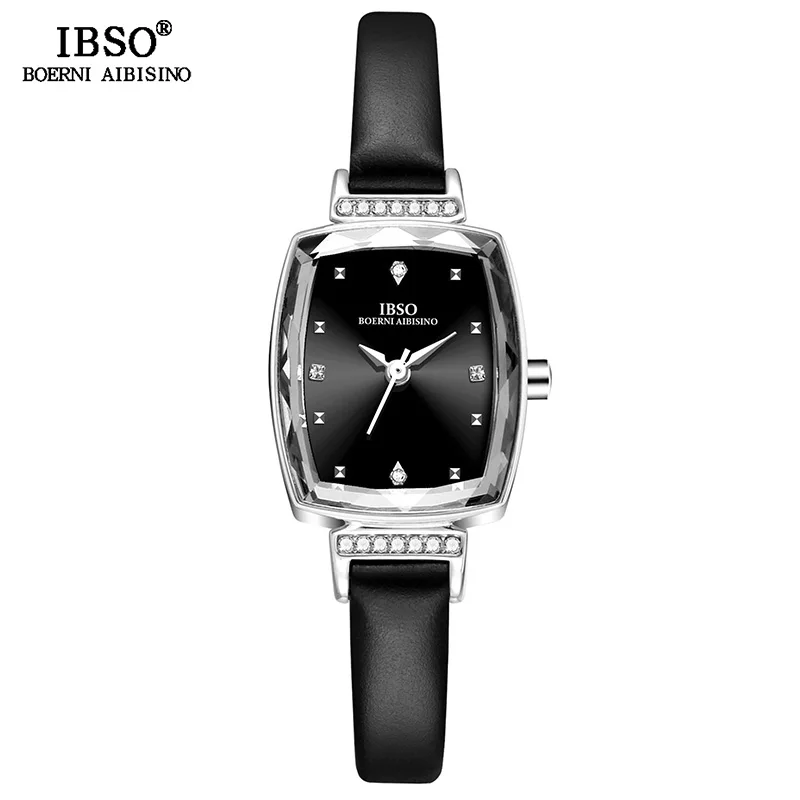 IBSO брендовые модные дизайнерские часы для женщин, наручные часы из натуральной кожи, роскошные женские кварцевые часы с кристаллами - Цвет: S8639L-SR-BK