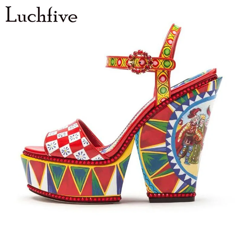 

Red Lattice Rhinestone Sandals Peep Toe Hot Platform Shoes Sexy Ankle Buckle Strap Outwear Geometric Wedges Shoes For Women