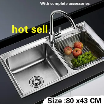 Cheap Free Shipping Food Grade 304 Stainless Steel Hot Sell Kitchen Sink 0.8 Mm Thick Ordinary Double Trough 80 X43 CM