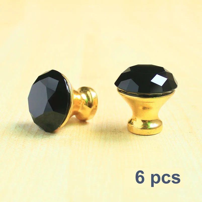 6 Pcs Black Crystal Glass Golden Base Drawer Knobs Cabinet Handle