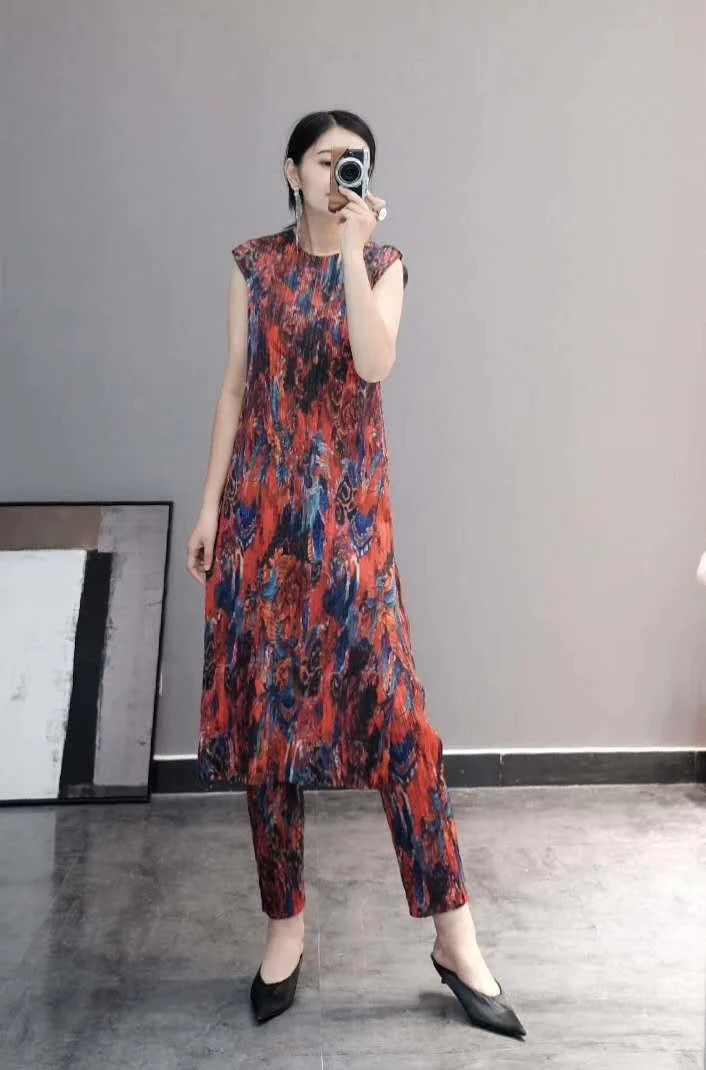 Лидер продаж, Miyake fold, однотонный, без рукавов, с круглым вырезом, стильный принт в китайском стиле, платье+ брюки до щиколотки, стильный принт в китайском стиле, костюм