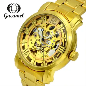 

GUCAMEL Top Brand Luxury Mens Skeleton Automatic Mechanical Wristwatch Stainless Steel Leather Strap Business Male Watch Genuine