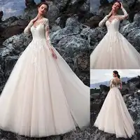 Exquisite Tulle Jewel Neckline A-line Wedding Dress With Beadings Lace Appliques Long Sleeves Beach Bridal Gowns