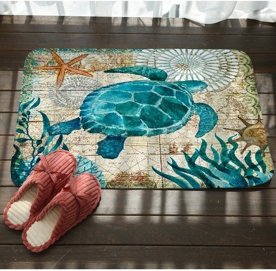Pirate Ship Marine Style Door Mat Floor Carpet for Living Room Sea Turtle Pattern Coral Fleece