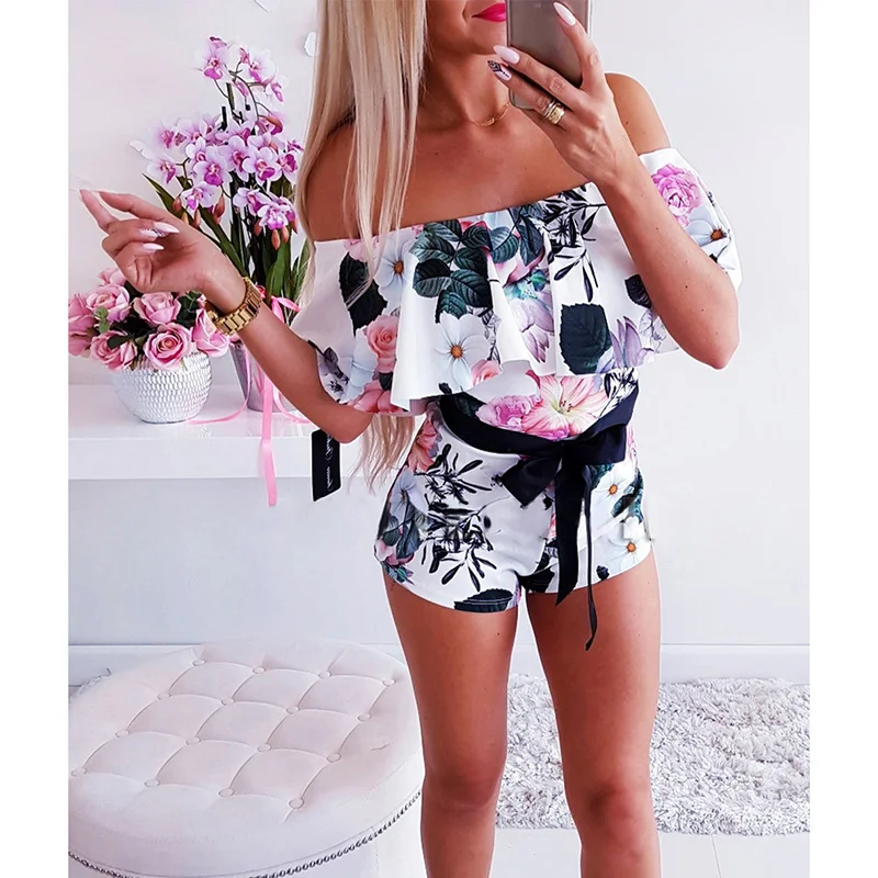 

Women Off Shouder Ruffles Printed Floral Sexy Rompers Playsuits Female European Style Casual Slim Fit Bandage Jumpsuits SJ3123M