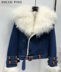 Новая зимняя теплая шерсть Подкладка натуральный мех джинсовая куртка Для женщин Курточка бомбер большой Монголия овец меховой воротник