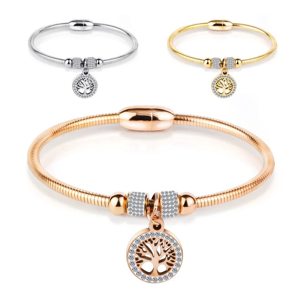 

Titanium Steel Tree of Life Bracelet Charm Bracelets Bangle for Women Zircon Snake Chain Bangles Pulseria Feminina Girl Jewelry