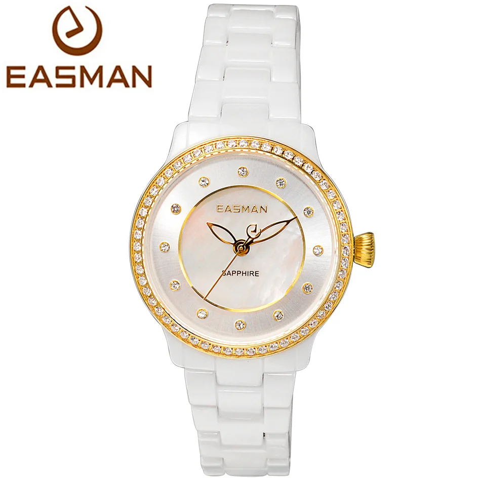 EASMAN Womens Watches Ceramic Band Mother Of Pearl Dail Zircon Gems Sapphire Glass Water Resistant Ladies