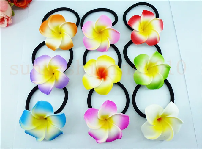 Wholesale  flower hair jewelry hair ribbons foam hawaiian plumeria flower elastic Hawaiian frangipani hair band hair rope 50 blue colour foam hawaiian plumeria flower frangipani flower bridal hair clip 6cm