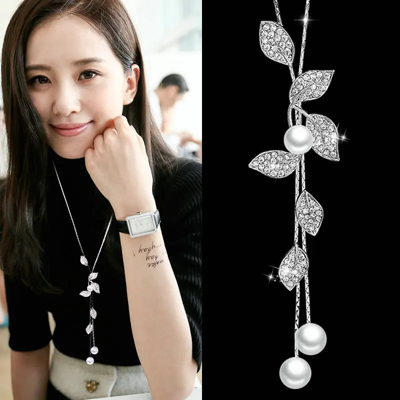 

2019 New Arrival Women Sweater Necklace Trendy Link Chain Metal Korean Spring Simple Pearl Leaf Necklace Accessories Wholesale