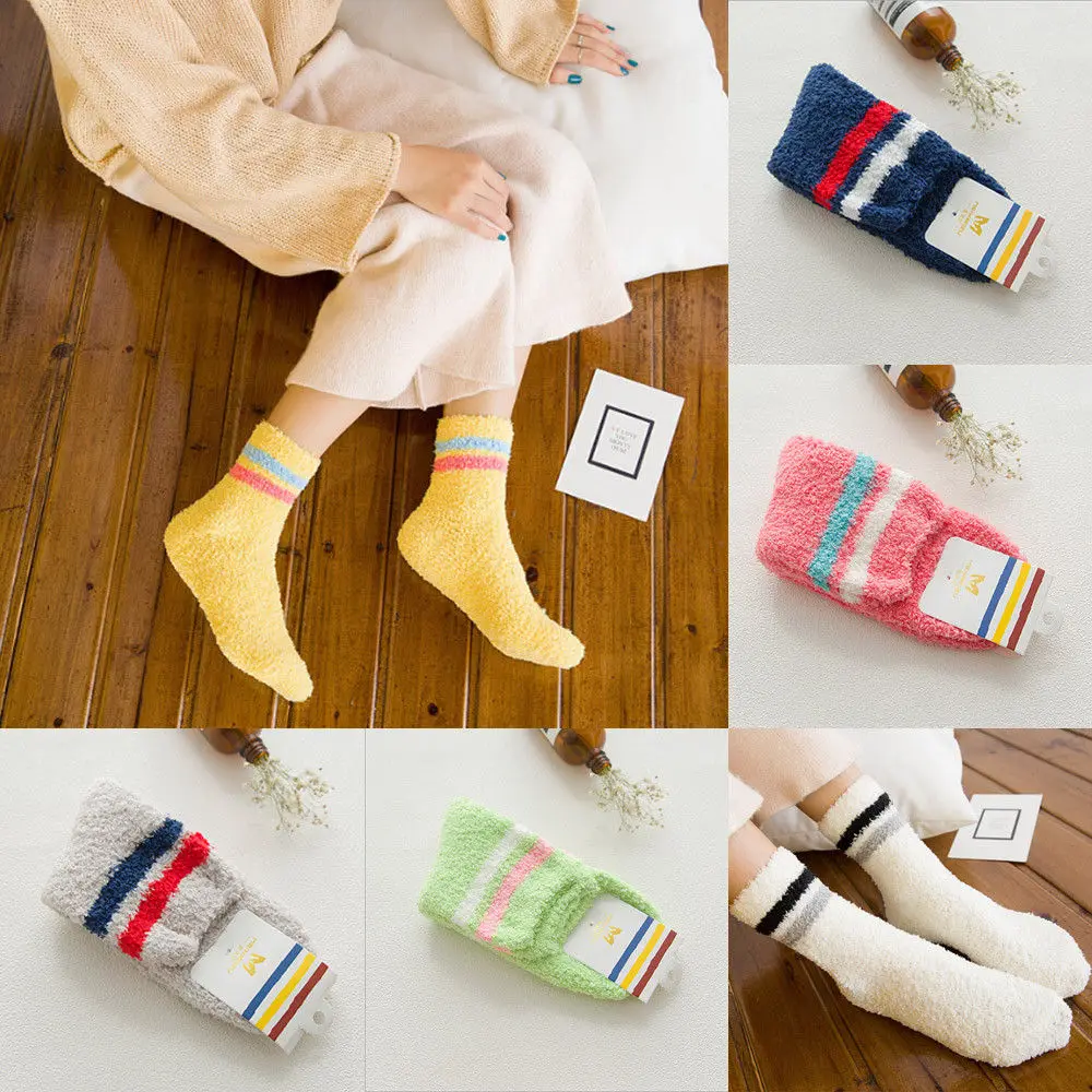 Winter Warm Soft Floor Socks Women Girls Stripe Fluffy Coral Fleece Socks 1pcs