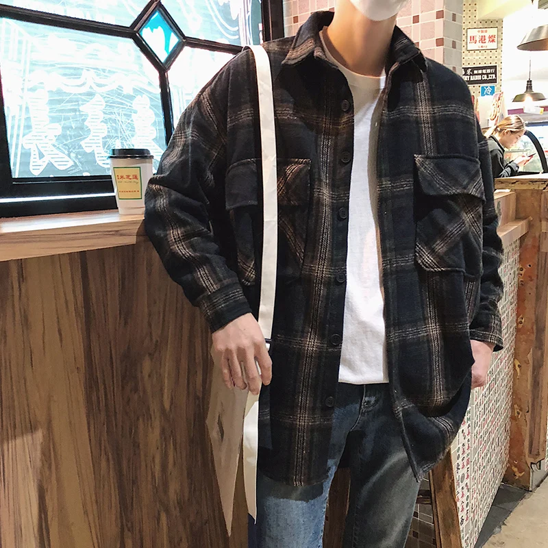 

2018 Autumn Recommend new listing Fashion casual Men's Lattice Tide Korean version Shirt Loose Coat The black gray size S-1XL