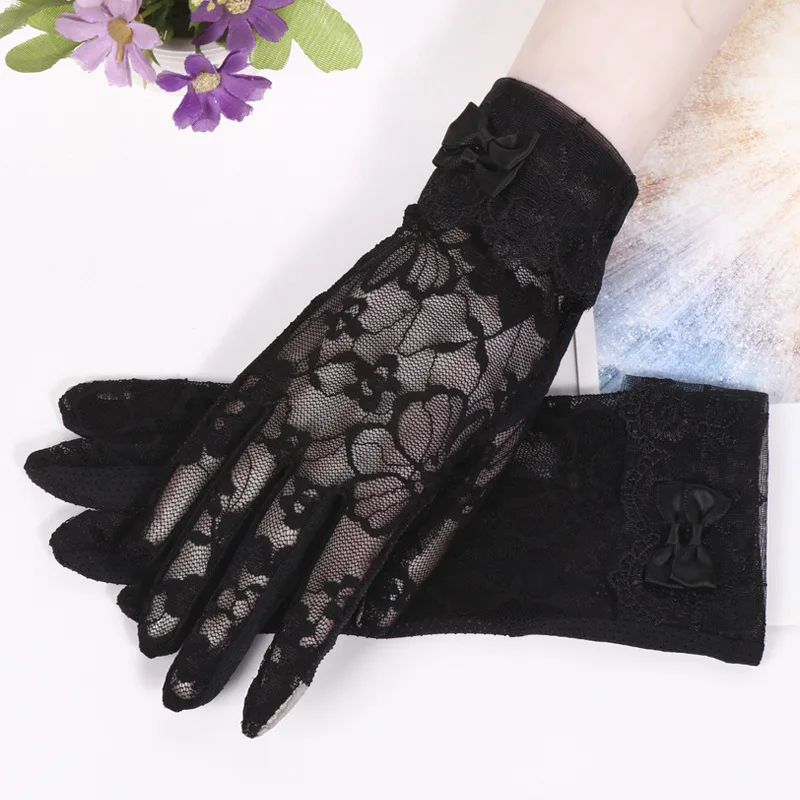 Black Короткие кружевные перчатки с сенсорным экраном, весенние женские противоскользящие перчатки с защитой от солнца, женские перчатки для вождения, белые летние перчатки на весь палец - Цвет: Black