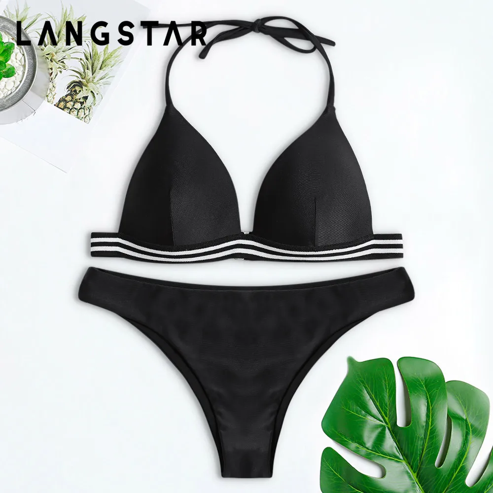 

LANGSTAR Push Up Bikini 2018 Halter Swimwear Women Swimsuit Sexy Backless Padded Swimwear Stripe Low Waist Bathing Suit Biquni