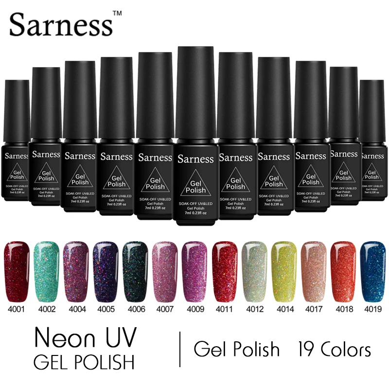 

Sarness Glitter Nail Polish 7ML Neon Rainbow Shimmer Gel Nail Polish 19 Colors UV LED Gel Lucky All for Manicure Nail Art Primer