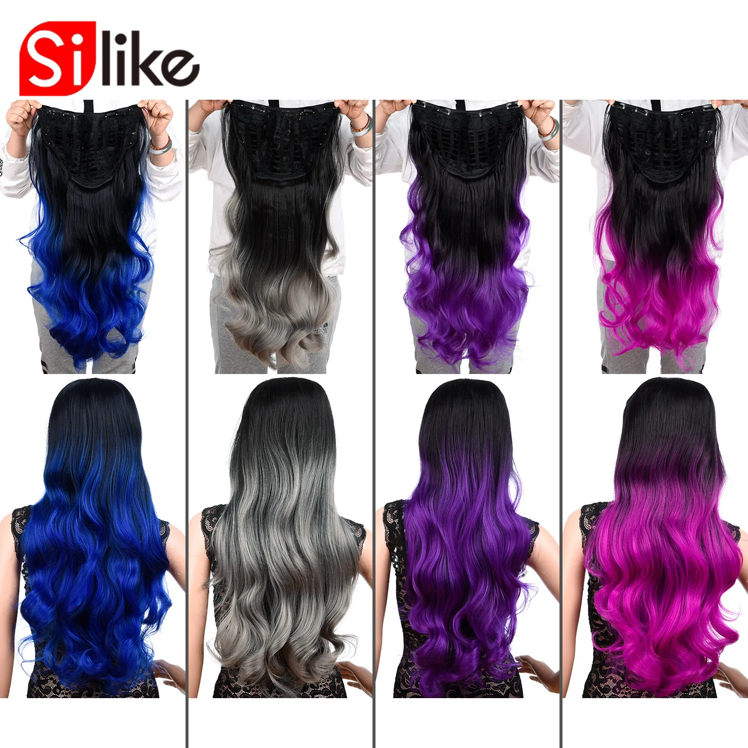  220g U Part Clips In Hair Upgrade Clip Hair Extension Synthetic Natural Wavy Hair Half Wig Blue Pin