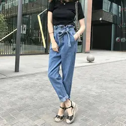 Корейские винтажные гофрированные джинсы с высокой талией Bofriend для женщин джинсы для мам свободные джинсы Уличная джинсы с поясом