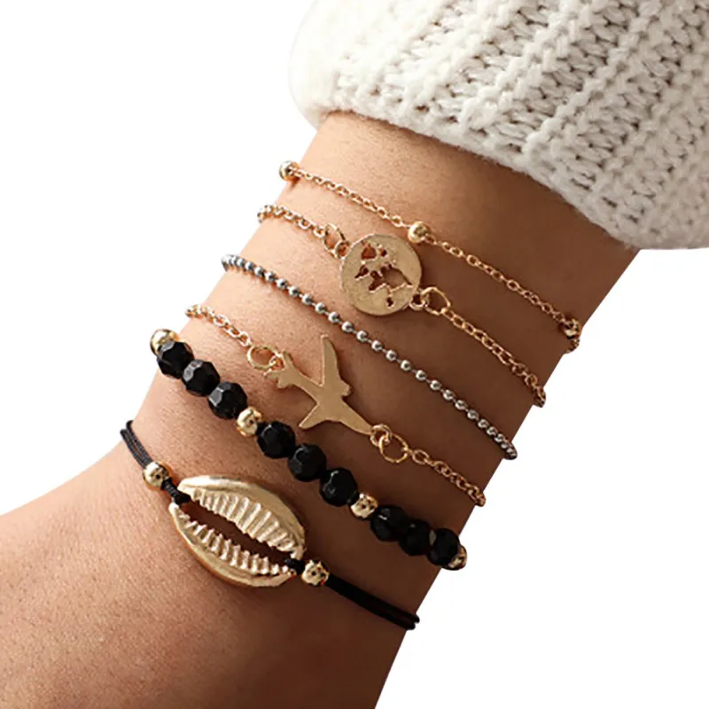 

New Fashion 2019 Girl Boy Gifts Metal Shell Airplane Map Beads Bracelet Six-Piece Set Female Male Bracelets For Memorial day