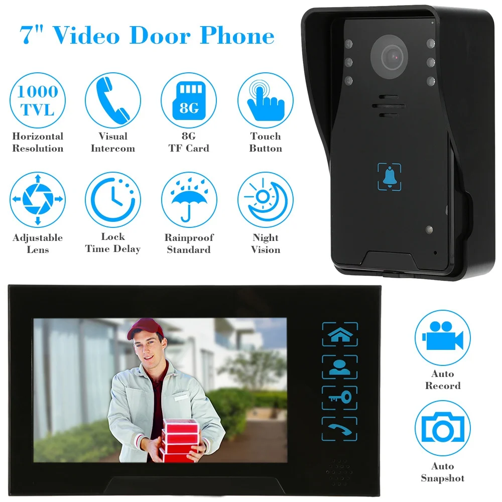 

7inch Wired Video Door Phone System Visual Intercom Doorbell With 1*800X480 Monitor + 1*1000Tvl Outdoor Camera + 8G Tf Card(Us