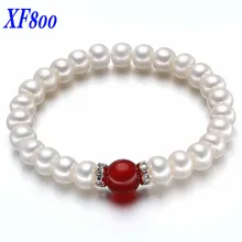 XF800 классический браслет из настоящего речного жемчуга. 8-9 мм плоская форма красный/зеленый агат браслет для женщин S40