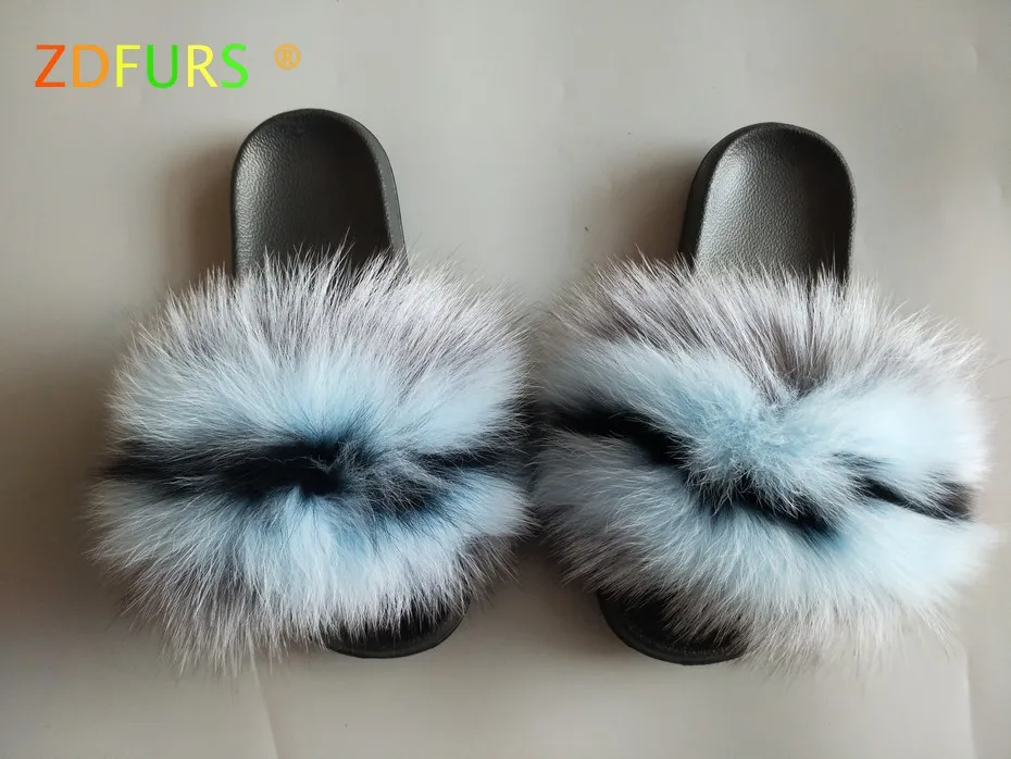 ZDFURS/; Лидер продаж; женские шлепанцы с лисьим мехом; Разноцветные Летние модные шлепанцы; женские меховые домашние Вьетнамки; пляжные сандалии