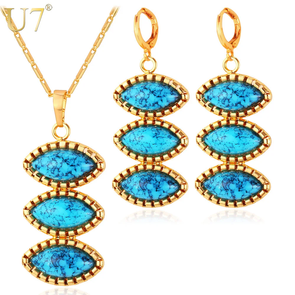 

U7 Turkish Jewelry Set For Women 3 Horse Eyes Gold Color Blue Stone Jewelry Trendy Earrings Necklace Set For Women S696