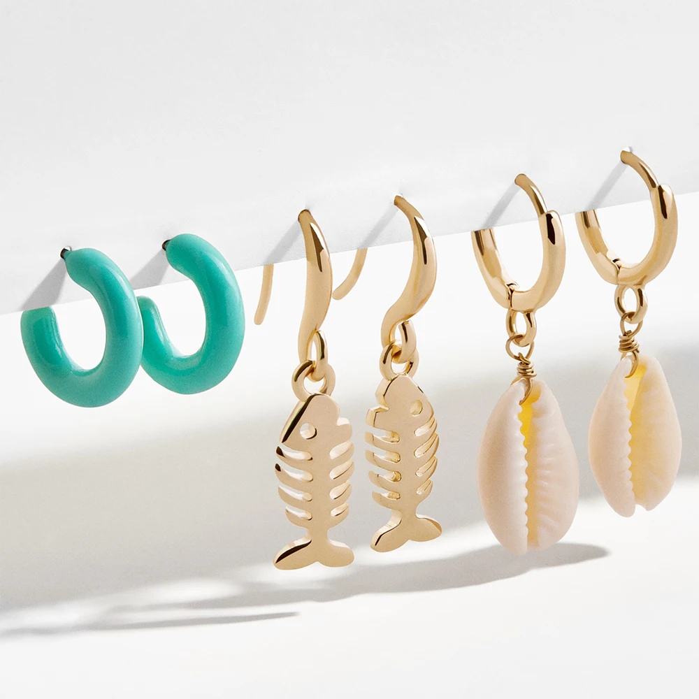 

Fashion Bohemia Gold Color Fishbone Pendant Earring for Women 3pcs New Design Small Shell Dangle Earring Summer Beach Jewelry