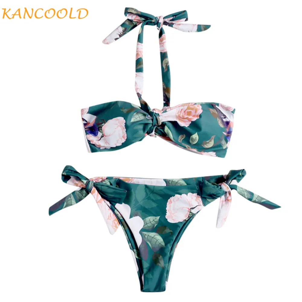 

KANCOOLD Women Clothes Sexy Swimwear Women Floral Print Halter Metallic Two Piece Suits Swimsuit Summer Beachwear Bathing Suit