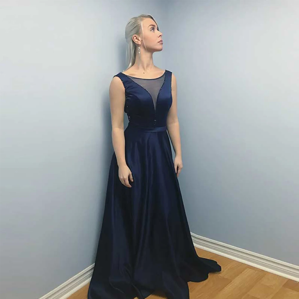 

Bbonlinedress High Quality Prom Dress 2019 Sexy Backless Evening Dress Navy Blue Satin Evening Gowns Beading Formal Party Dress