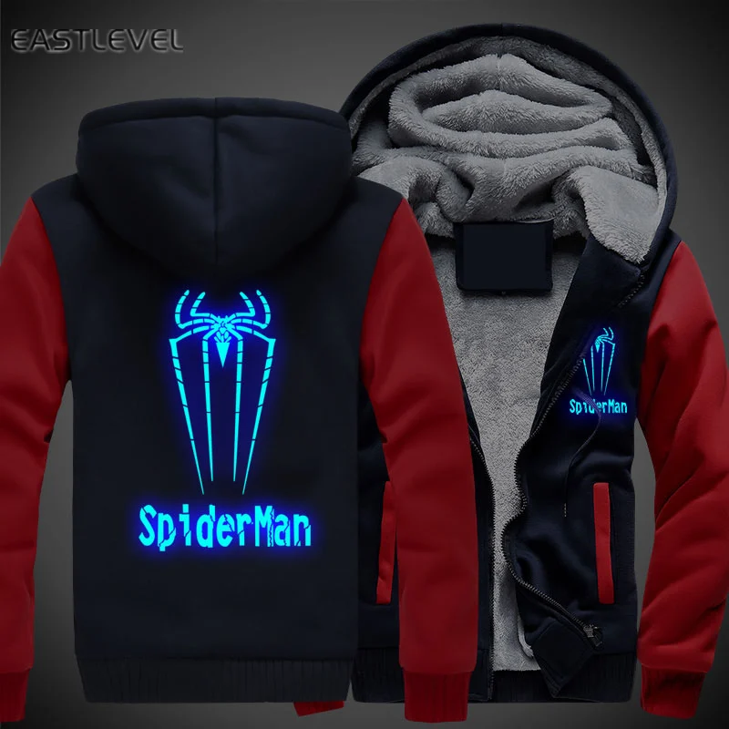 Hot Sales Luminous SpiderMan Printed Hoodie Hip Hop Sweatshirt Jacket Winter Streetwear Fleece Thicken Hooded Coat Dropshipping