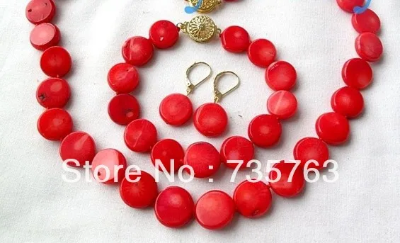 

xiuli 00193 15mm Coin Deep Red Coral Necklace&Bracelet&Earring SET