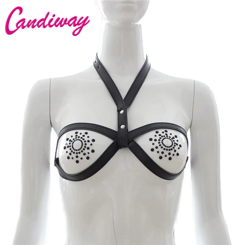 

fashion sexy bondage Halter Bra PU open bra Erotic Cupless Studded harness sex Game products Teasing Cosplay punish slave Cages