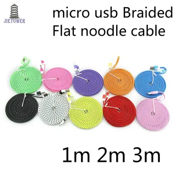 

500pcs/lot micro usb v8 5pin Fabric Braided Flat noodle cable Accessory Bundles for samsung s3 s4 s6 s7 for htc lg mi 1m 2m 3m
