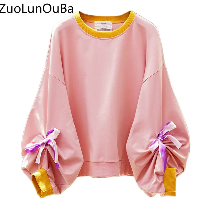 

Autumn Winter Korean Version Loose Pink Womens Pullover Long Section Lantern Sleeve Sweatshirt Tops Women Clothes 2019 hoody