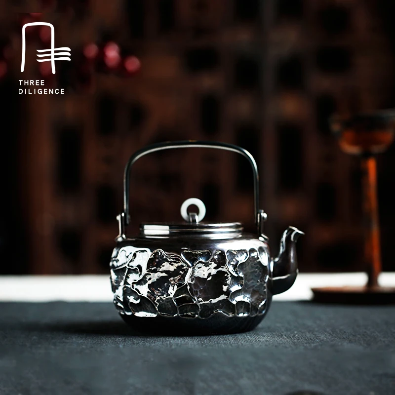 Antique Silver pot tea kettle Japan all hand a dozen jade ring hammer