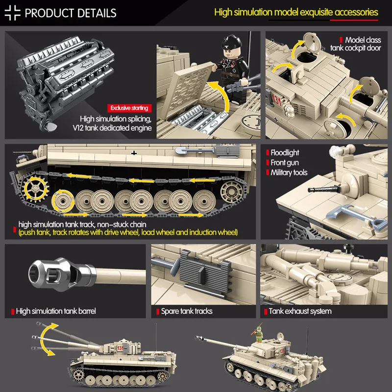 Military German King Tiger 131 Tank Building Blocks Legoingly WW2 Army Soldier Weapon 1018 Pcs Bricks Kits Education Toys for Bo