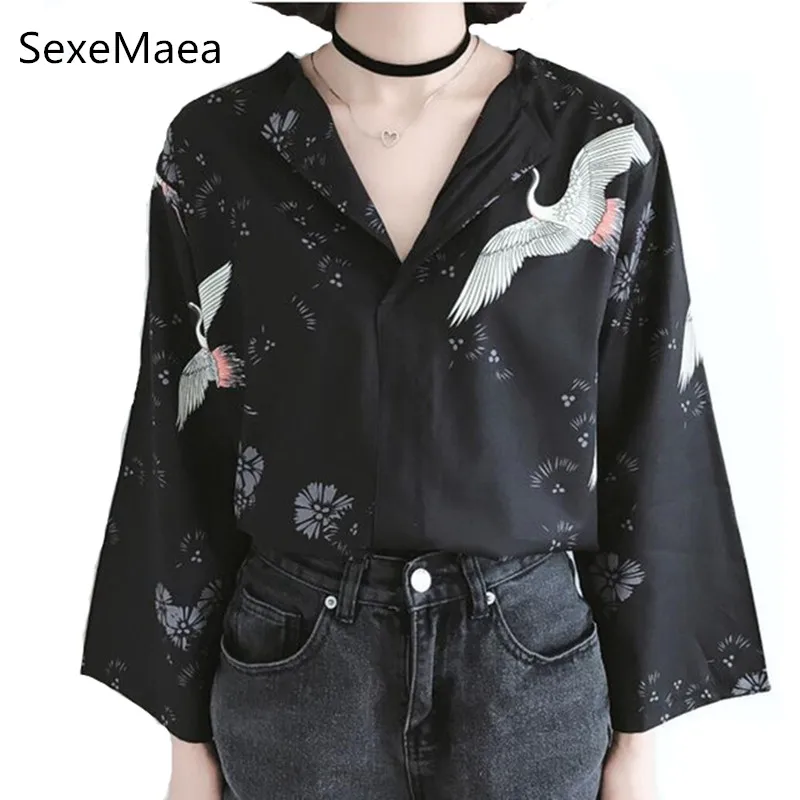 

SexeMara Black Female Shirts V-neck Tops Vintage Embroidery Women Blouse Harajuku Casual Plus Size Blusa Chiffon Shirt