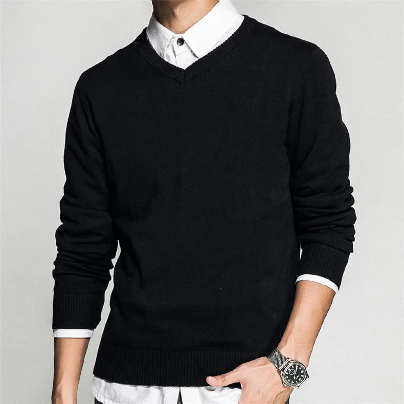 2018 V Neck Mens Sweater Pullovers Basic Pattern Cotton knitted Christmas Sweater Jumpers Male Knitwear Red Black White Yellow-04