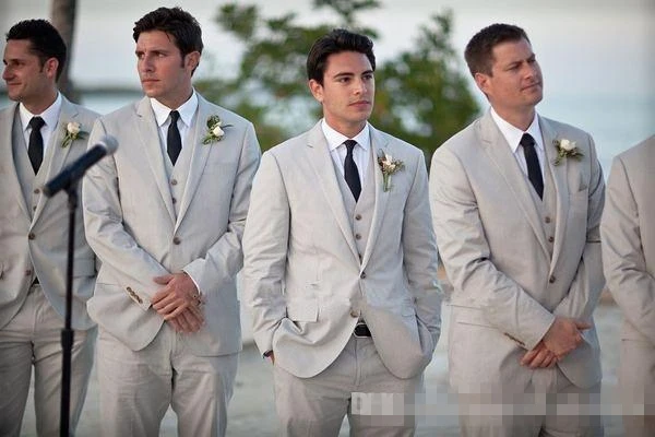 Пользовательские Свадебные костюмы летние мужские костюмы пляжные серые льняные подходит для лацканов с надрезом мужские свадебные смокинги slim fit костюмы(куртка+ брюки+ жилет