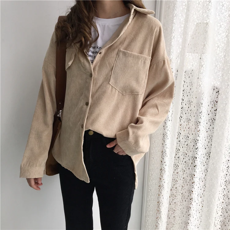 2 colors spring and autumn Loose Shirts Korean Solid Blouse Long Sleeve Corduroy blouses Women Tops outwear coats C6016