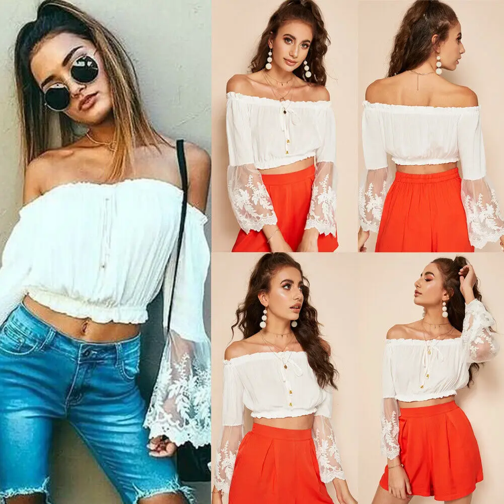 

Women Off Shoulder Ruffle Frill Vest Tank Long Sleeve Crop Top Blouse Slash Neck Lace Patchwork Solid Fashion Sweet Girl Holiday