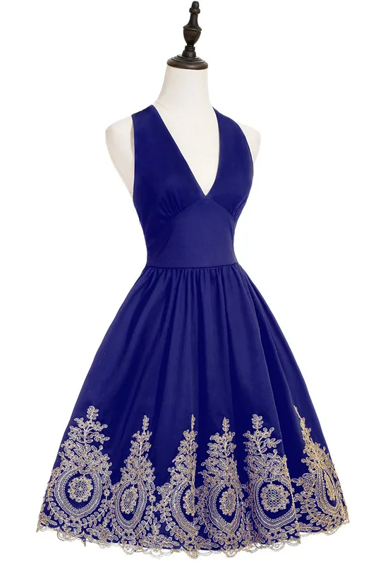 Женские Дешевые вечерние платья с золотыми аппликациями, короткое вечернее платье с лямкой через шею, черное А-образное сексуальное вечернее платье с v-образным вырезом, вечерние платья для выпускного вечера - Цвет: royal blue